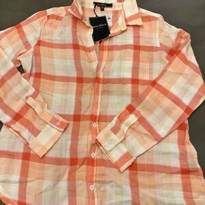 NWT LoveStitch Women’s Orange Plaid Pastel Buttoned Long Sleeve Shirt, size L